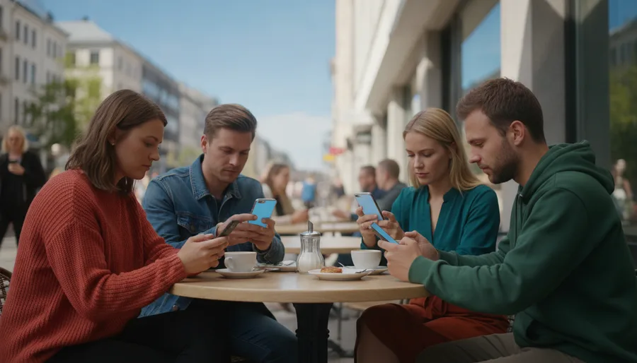 Venner samlet, men hver for seg – fordypet i skjermenes verden.